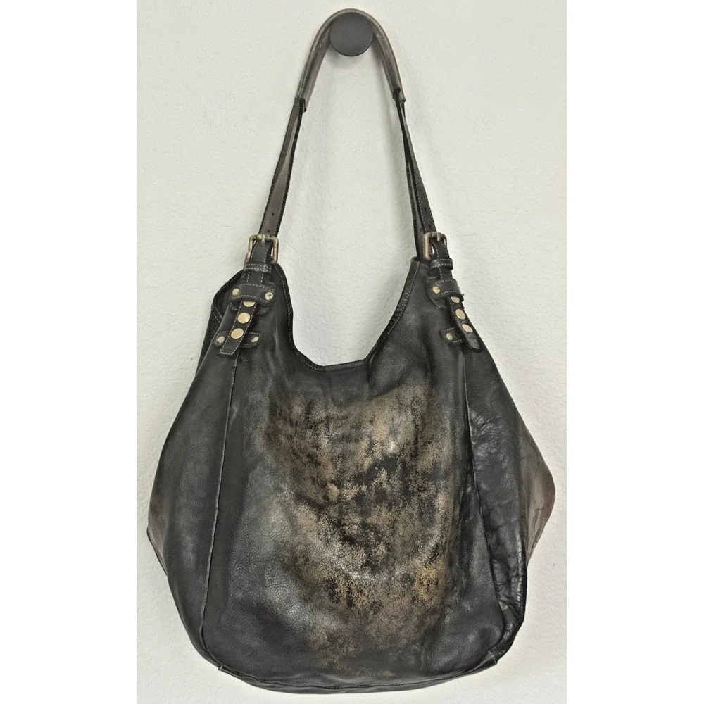 Lusher Soft and Slouchy Hobo Stone Washed Black Raw Onyx Italian Leather Studded
